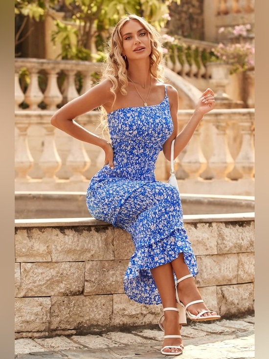 Dresses & Skirts - Summer Midi Bodycon Dresses One Shoulder Tiered Ruffle Floral Boho Sun Dress